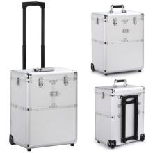 Travel Beauty Storage Trolley Box Aluminum Trolley Makeup Case Rolling Beauty Cosmetic Lock Box With Hand